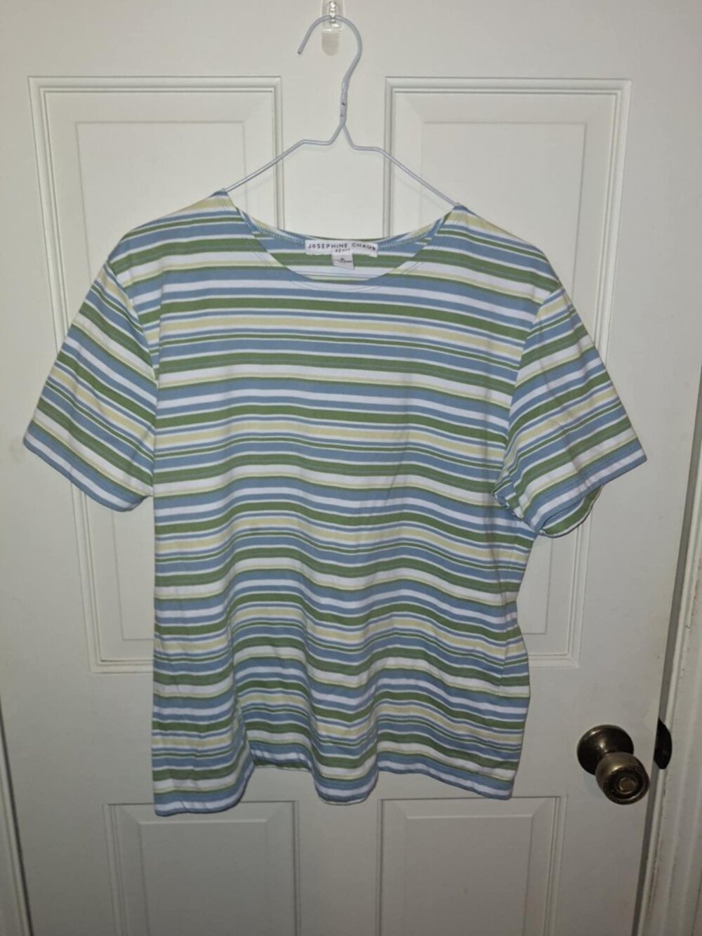 Josephine Chaus Blue Green and White Striped Shirt, Size XL